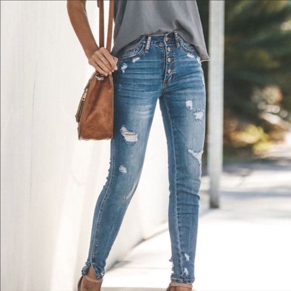 Distressed Jeans Denim Ripped High Rise Waist NEW - Picture 2 of 9